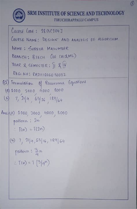 DAA assignment - TIRUCHIRAPPALLI CAMPUS CouRSe CoBe 18C204 T CoURSE ...