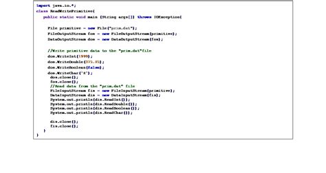 Text Box: import java.io.*; class ReadWritePrimitive{ public static ...