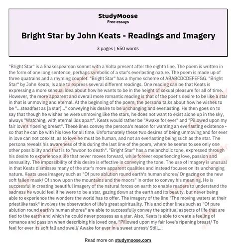 Bright Star by John Keats - Readings and Imagery Free Essay Example