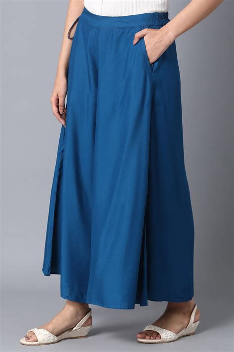 Buy Blue Solid Flared Cotton Culottes With Elasticated Waist Online for ...