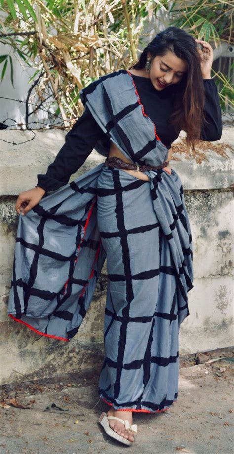 Midnight Fantasy- Checkered Grey Pom Pom Saree – Fashionous