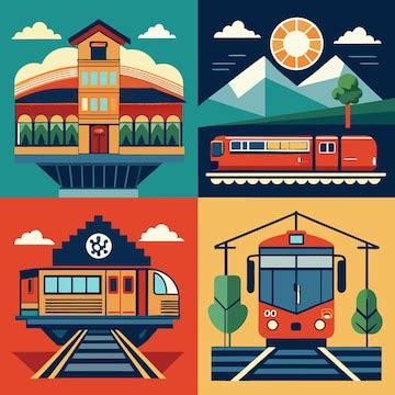 A colorful illustration showing four scenes with trains mountains a ...