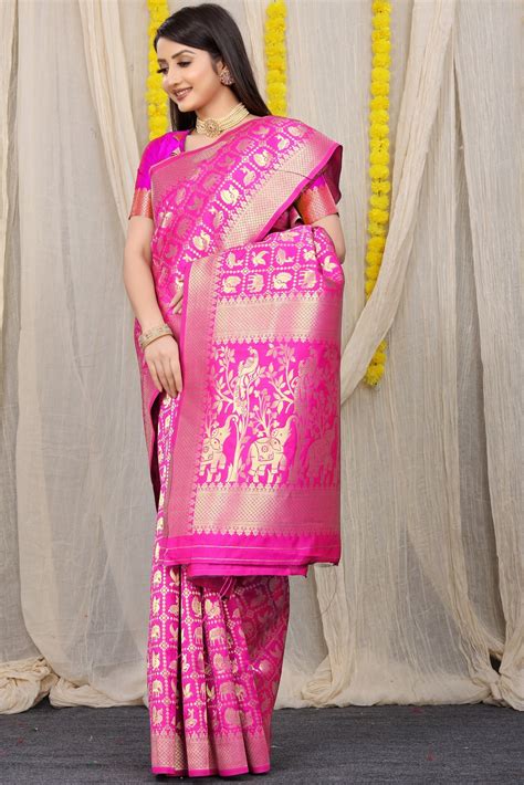 Surpassing Dark Pink Banarasi Silk Saree With Sensational Blouse Piece ...