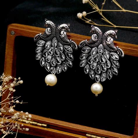 Buy Teejh SarangiSilver Oixidised White Earrings for Women Online
