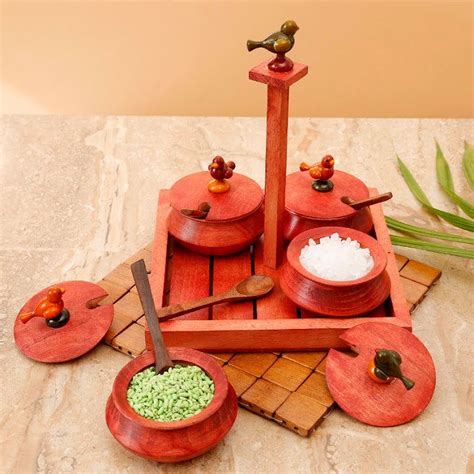 Wooden Parrot Jar Set With Tray & Spoon In Red - Decorative Boxes, Spi ...