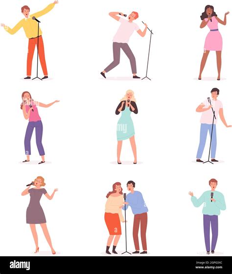 Karaoke singers. People have fun in music club solo concert persons ...