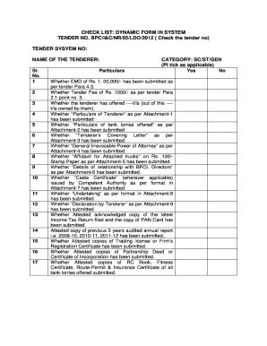 Fillable Online bpcl CHECK LIST: DYNAMIC FORM IN SYSTEM TENDER NO. BPC ...