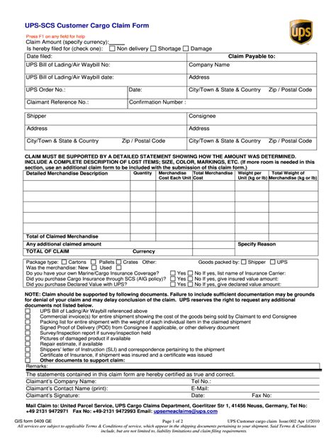 UPS Customer Cargo Claim Form - Blank Fillable Template | Fill Out ...