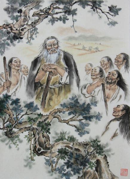 An ancient sage stands with a staff, surrounded by a group of followers, beneath a stylized tree in a serene landscape.