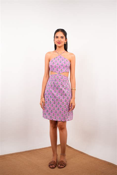 Comfortable Purple Print Cotton Short Dress with Back Tie – AMARAA