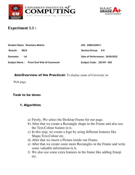 22MCA20911 Shantanu Mishra(Front End) - Experiment 1 : Student Name ...