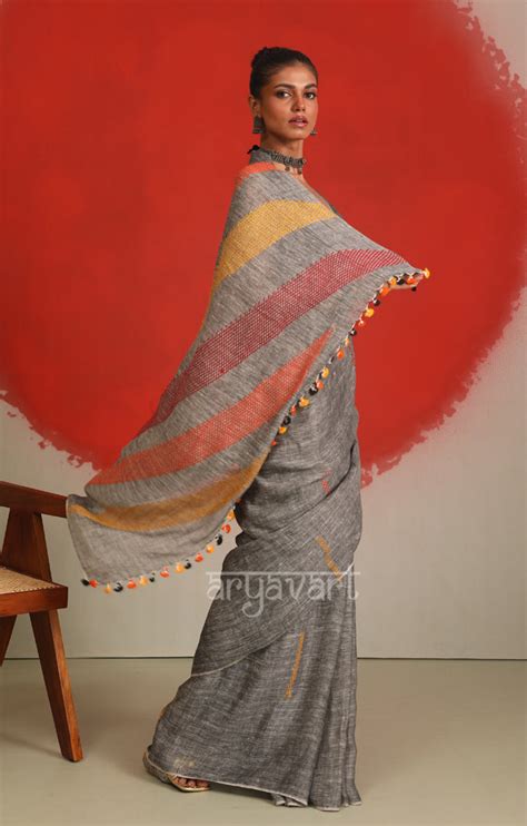 Grey Linen Saree with Woven Jamdani Multi Colour Design – Thearyavart