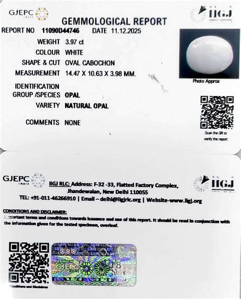 3.97/CT Natural Opal with Govt. Lab Certificate-11090D44746 | Khanna Gems