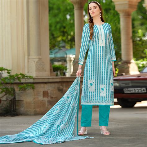 Blue Printed Pure Cotton Dress Material