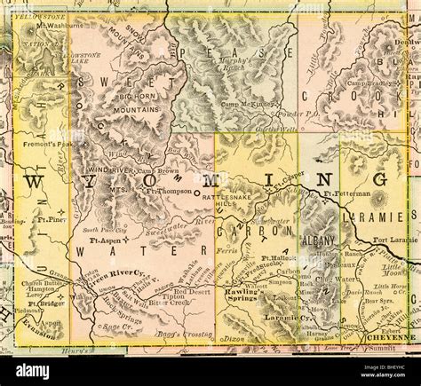 Old map of Wyoming from original geography textbook, 1884 Stock Photo ...