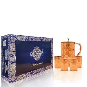 INDIAN ART VILLA Pure Copper Drinkware Gift Set of 1 Jug & 4 Glass with ...