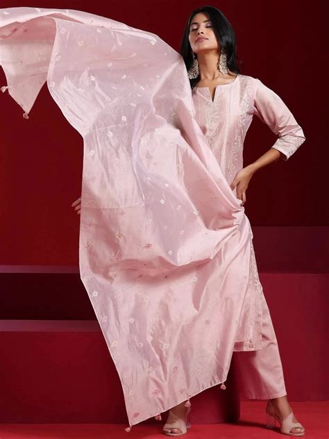 Buy Libas Art Pink Embroidered Chanderi Silk Straight Suit With Dupatta ...