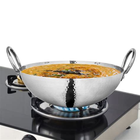 Prabha Stainless Steel Hammered Finish, Heavy Gauge Kadhai, Kitchen Wok ...