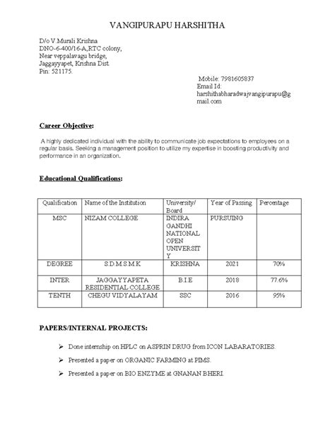 Resume filling format - VANGIPURAPU HARSHITHA D/o V Krishna DNO-6-400/ ...