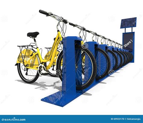 Bike Sharing Point With Rental Bicycles Parked At Docking Stations And Payment Terminals Drawn ...