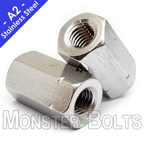 M5 M6 M8 M10 M12 A2 STAINLESS STEEL HEX CONNECTOR NUTS THREADED ROD ...