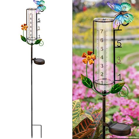 45'' Solar Rain Gauge OIF8 with LED Light, Butterfly Weather Station for Garden Decor, Outdoor ...