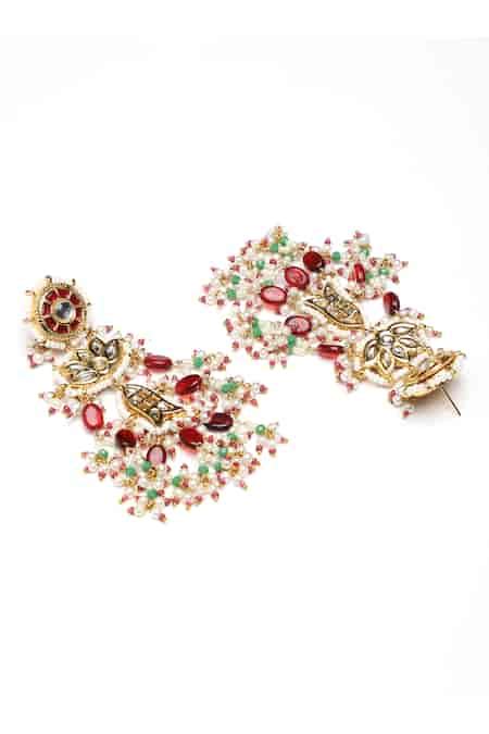 Buy Green Pearls, Gota Patti, Fabric Flowers Kiran Bloom Necklace Set ...