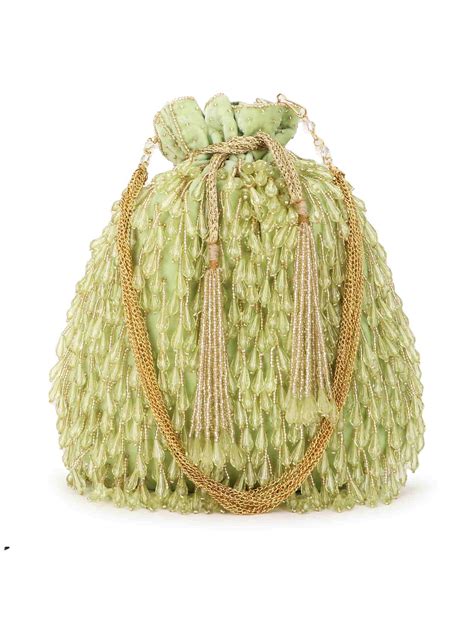 Anekaant Dangle Pista Green & Gold Beaded Velvet Potli