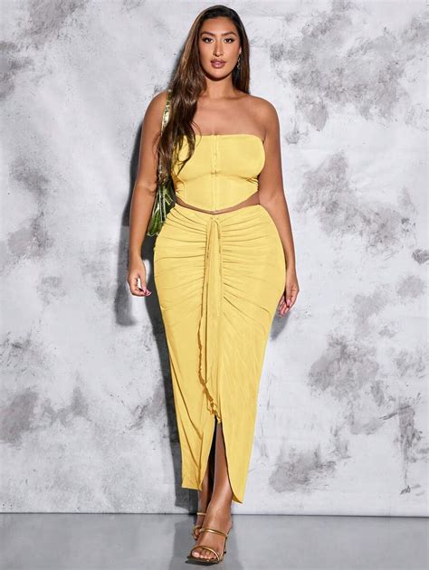 SHEIN BAE Plus Size Women's Ruffle Trim Cropped Tube Top & A-Line Long ...