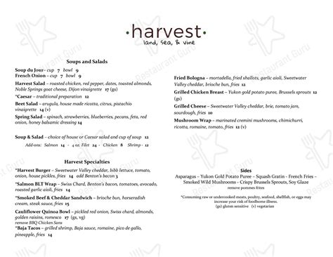 Menu at harvest restaurant, Knoxville
