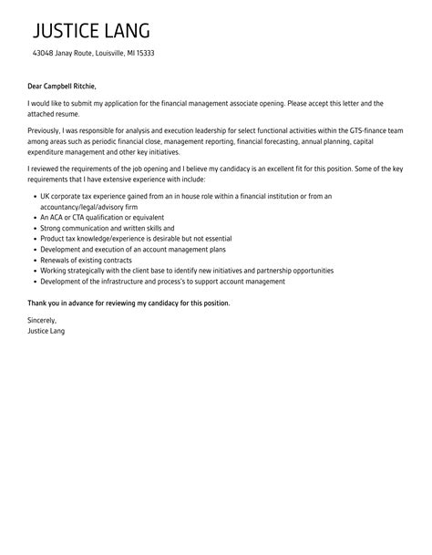 Financial Management Associate Cover Letter | Velvet Jobs