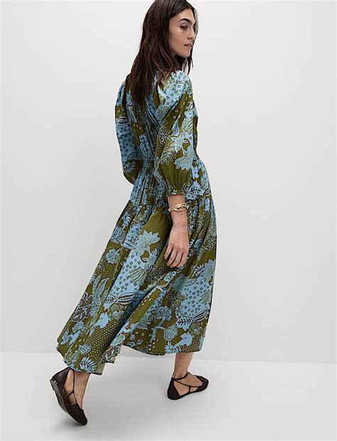Buy Pure Cotton Printed V-Neck Midi Waisted Dress at Marks & Spencer