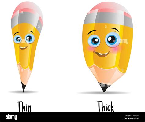 Antonyms concept, Thick and Thin. Educational flash Card with yellow Pencils for English ...