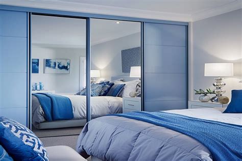 Contemporary Blue And White Bedroom Design 2-Door Blue Sliding Mirrored ...
