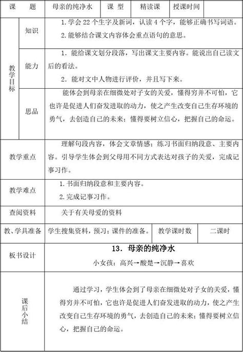 北京版六年级下册语文教案 母亲的纯净水教学设计_word文档在线阅读与下载_免费文档
