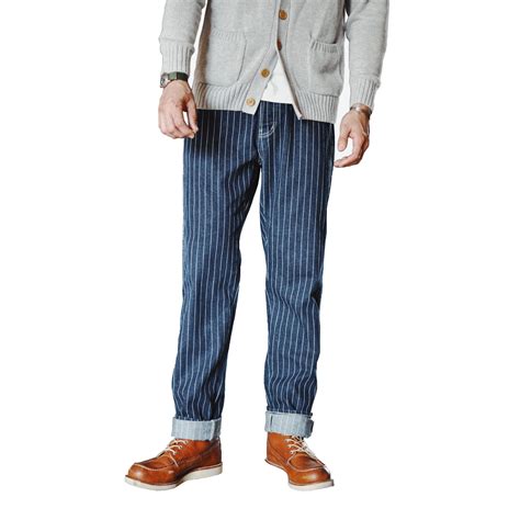 Saucezhan Men's Jeans Stripe Denim Jeans Railroad Stripe Pants Vintage ...