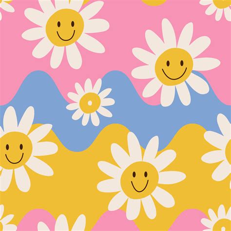 1970 Daisy Flowers and Wavy Seamless Pattern in Yellow, blue and Pink ...