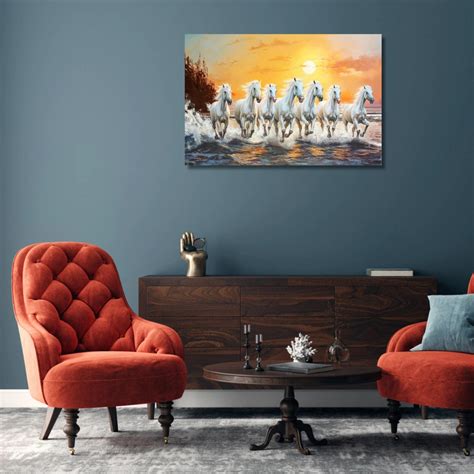 7 Running Horses with Rising Sun Canvas Painting as Per Vastu for Livi ...