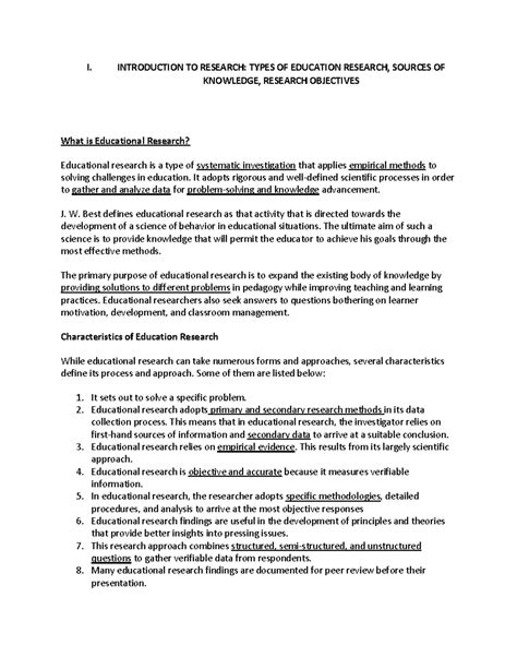Introduction TO Research - I. INTRODUCTION TO RESEARCH: TYPES OF EDUCATION RESEARCH, SOURCES OF ...