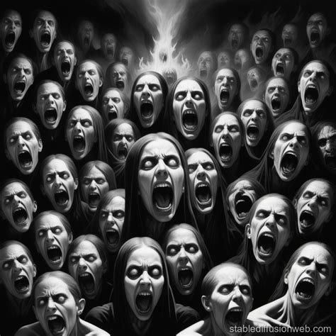 a black and white gothic art of many souls screaming and tormented in ...