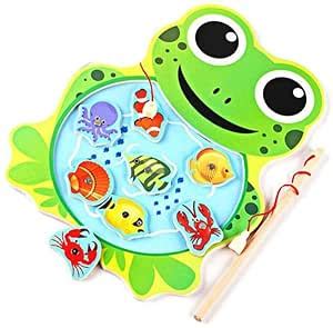 PopPlop Wooden Frog Shape Puzzle Magnetic Fishing Pole Game Fish ...