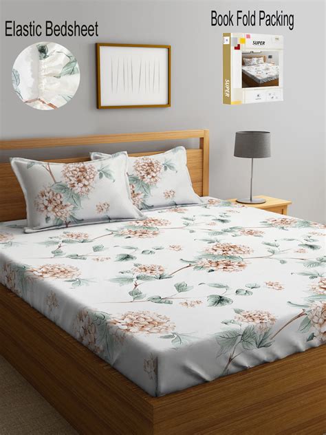 Klotthe Multi Floral 300 TC Cotton Blend Fitted Double Bedsheet with 2 ...