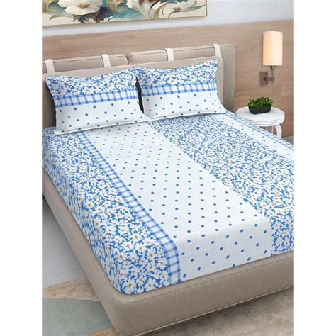Buy FABINALIV Blue Floral 300 TC Cotton Blend King Bedsheet with 2 ...