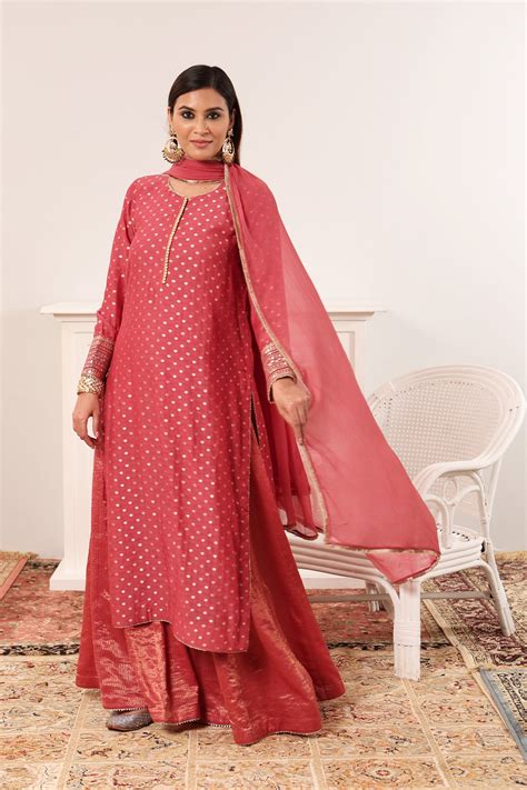 Rose-Pink Embroidered Pure Silk-Cotton (Polka Dots) Long-Kurta-Sharara