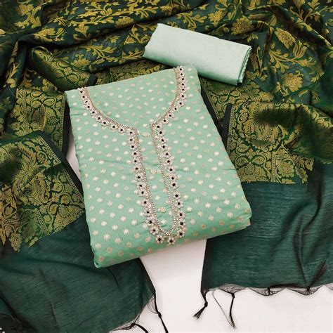Sea Green Floral Woven With Handwork Banarasi Silk Jacquard Dress Mate