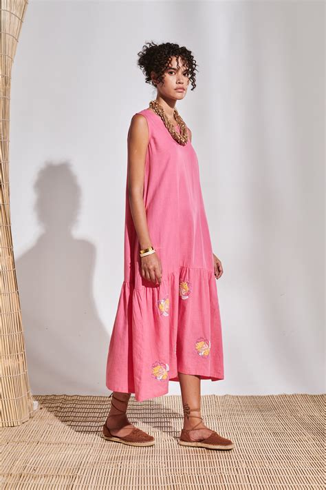Pink Linen Floral Applique Long Dress – prakritijaipur