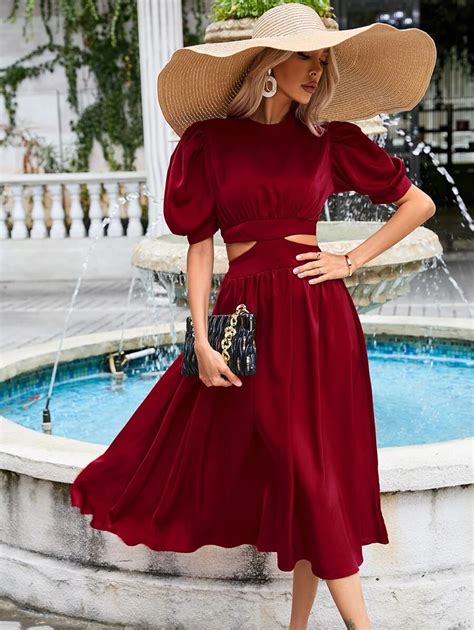 Aveloria Puff Sleeve Cut Out Waist A-line Dress | SHEIN USA