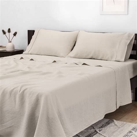 Mellanni 100% Flax Linen, King Size Bed Sheet Set, 4-Piece, Natural ...