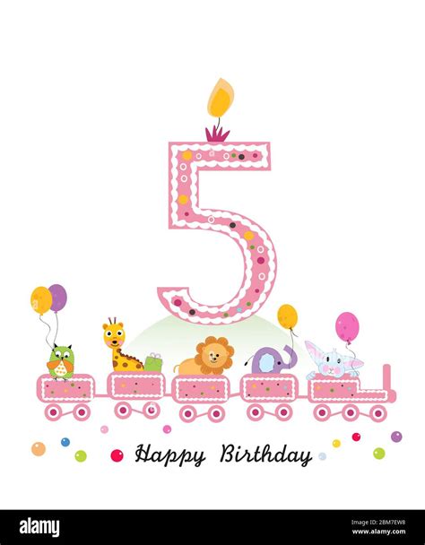 Happy fifth birthday girl greeting card. Birthday train with animals ...