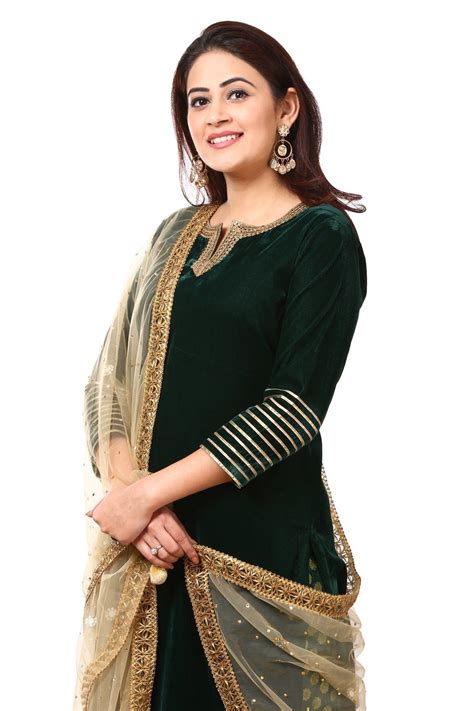 Forest Green Velvet Kurti with Straight Green Palazzo and Gold Mirror ...